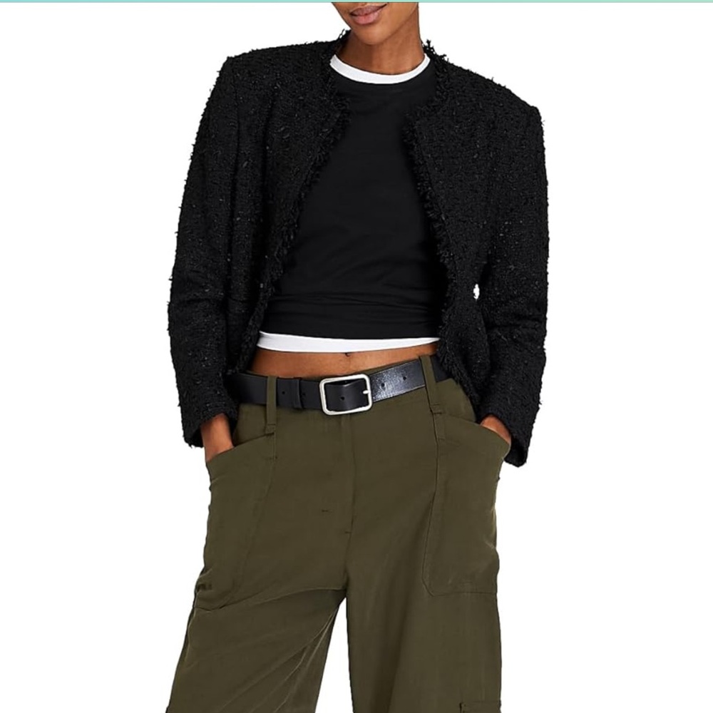 Club Monaco Collarless Boucle Fringe Jacket